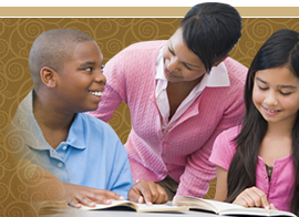 caregiver assisting the children in studying